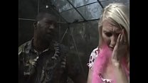 Ebony Hunk dude enjoys getting his balls  licked  and huge shaft sucked by blonde cutie with big tits outdoors